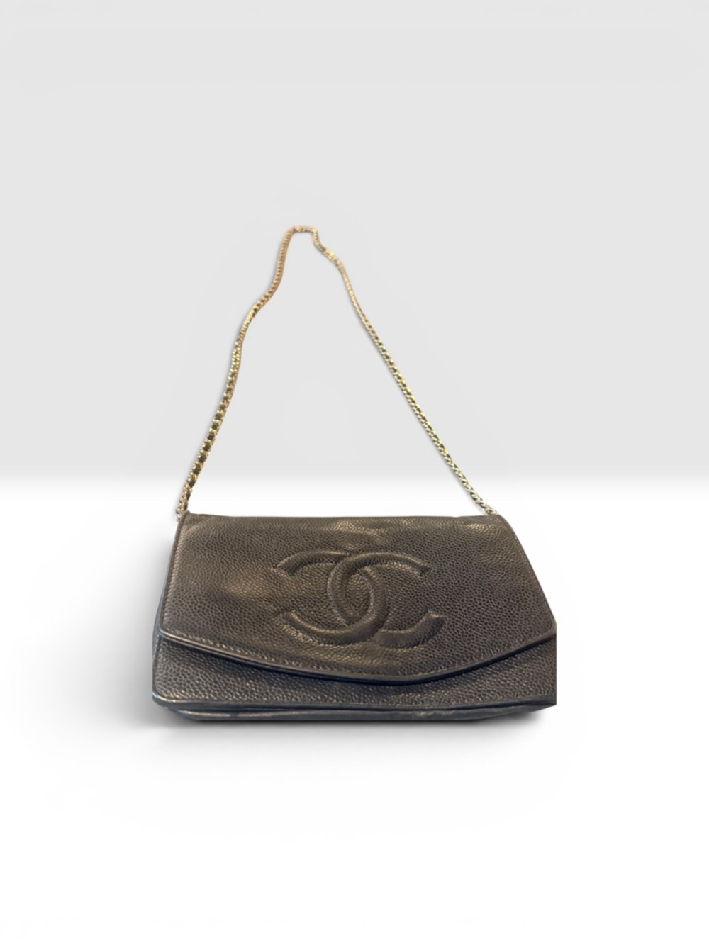 CHANEL Black Caviar Leather Flap Shoulder Bag with Gold Chain
